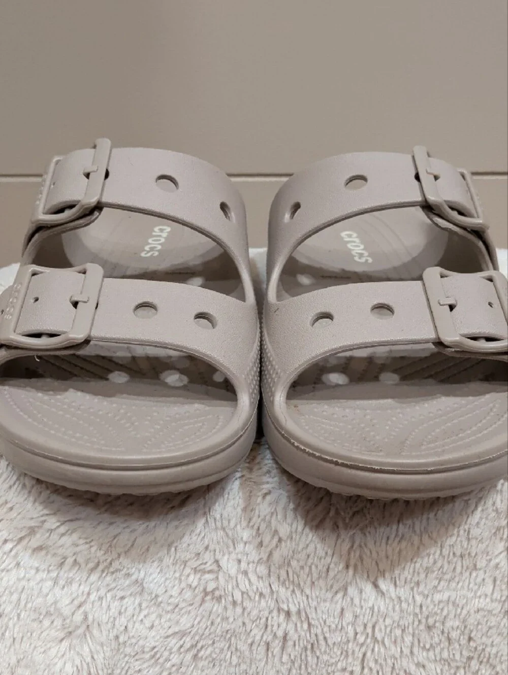 CROCS Women’s Dual-Buckle Slide Sandal in Taupe